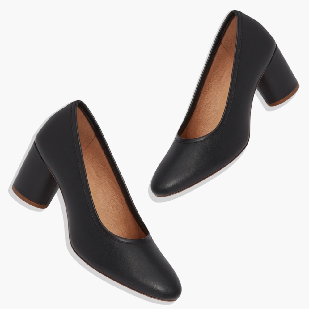 Madewell The Reid Pump in Leather True Black Cylindrical Block Heel 9